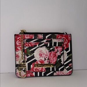 Betsey Johnson Pink Floral and Black Stripe Card and Key Holder